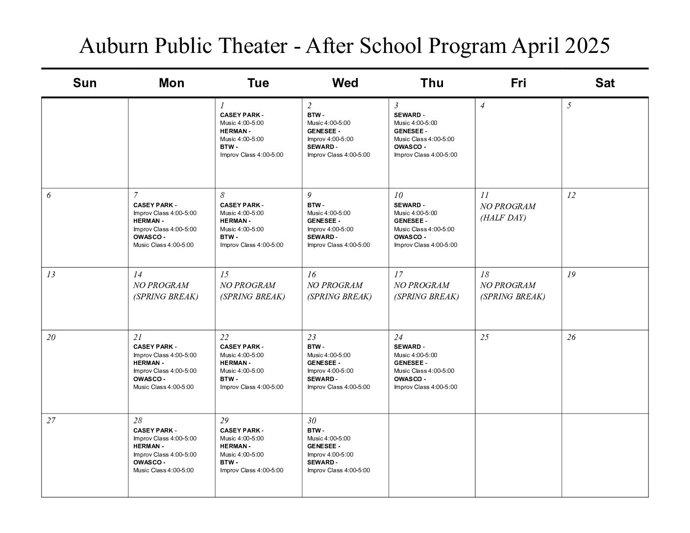 Auburn Public Theater Calendar April 2025