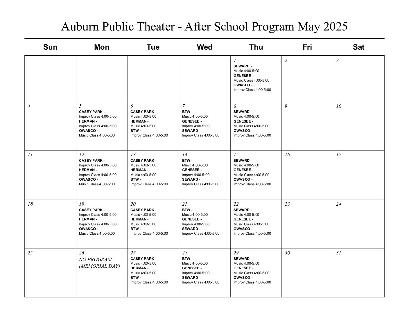 Auburn Public Theater Calendar May 2025