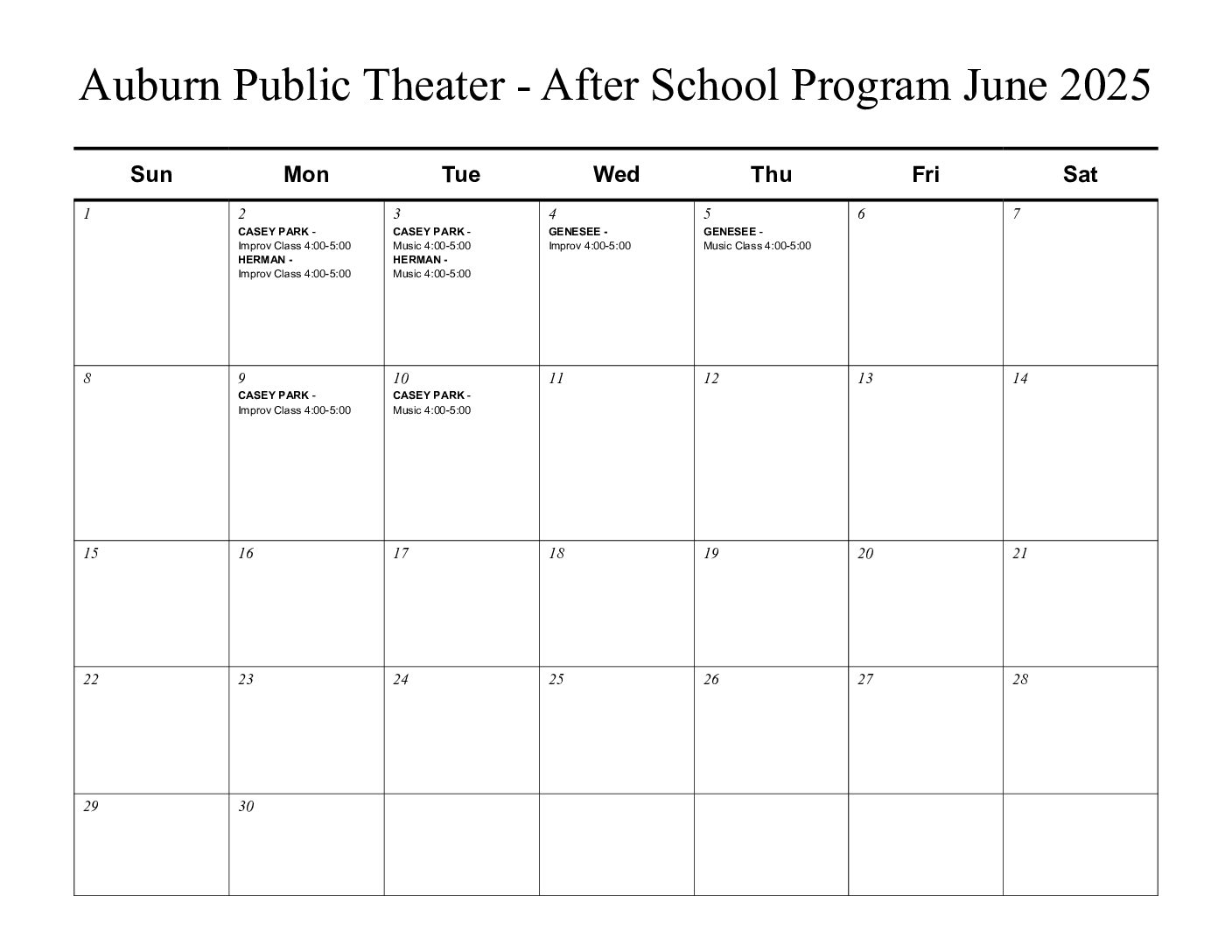 Auburn Public Theater Calendar June 2025