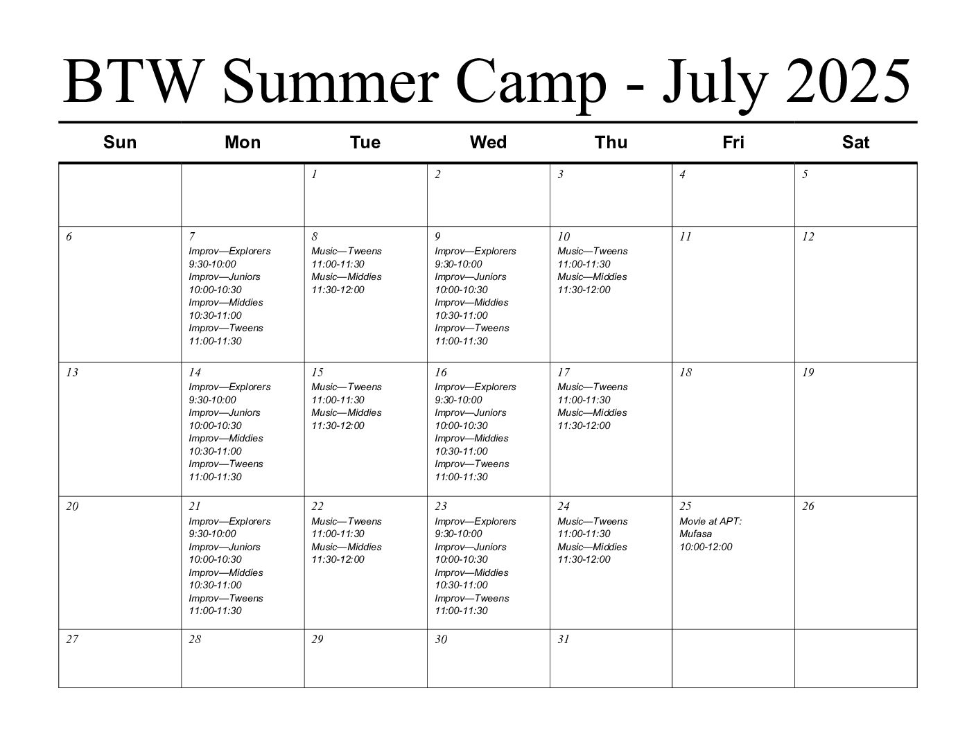 Auburn Public Theater Calendar July 2025