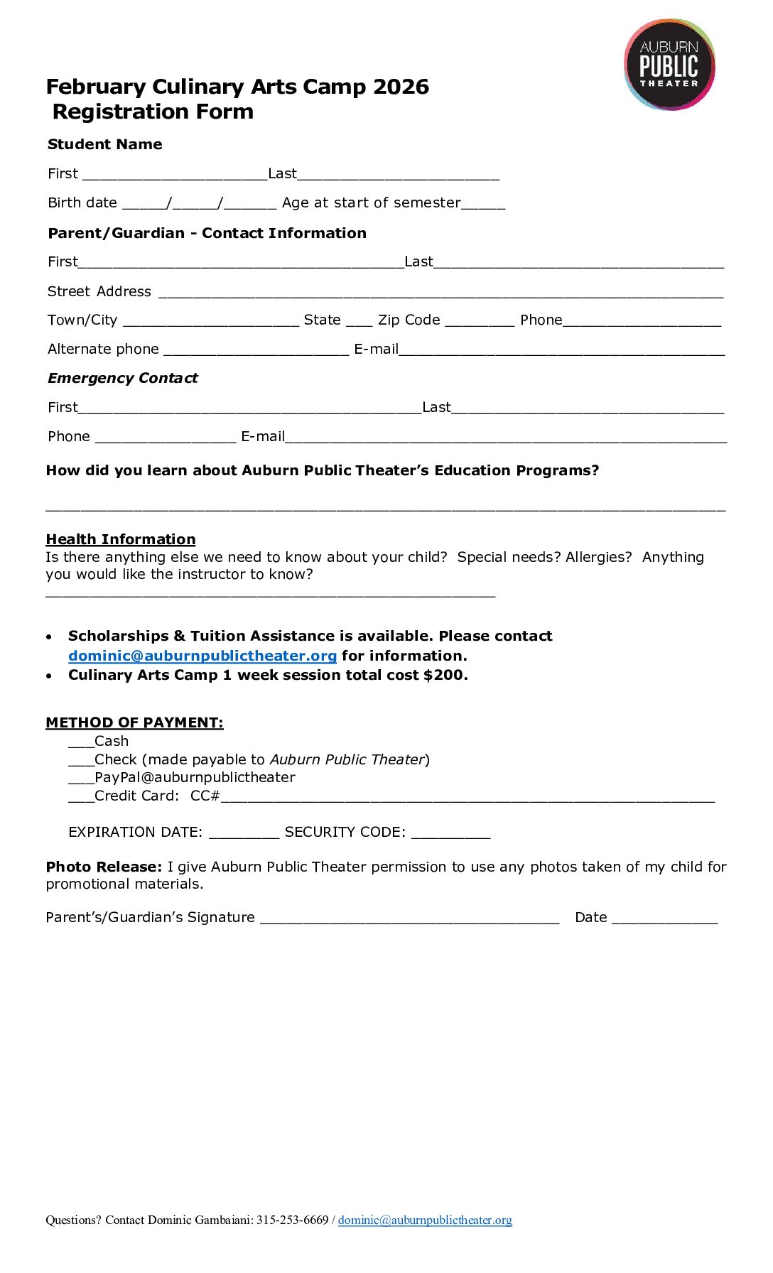 Culinary Arts Camp Reg Form fillable